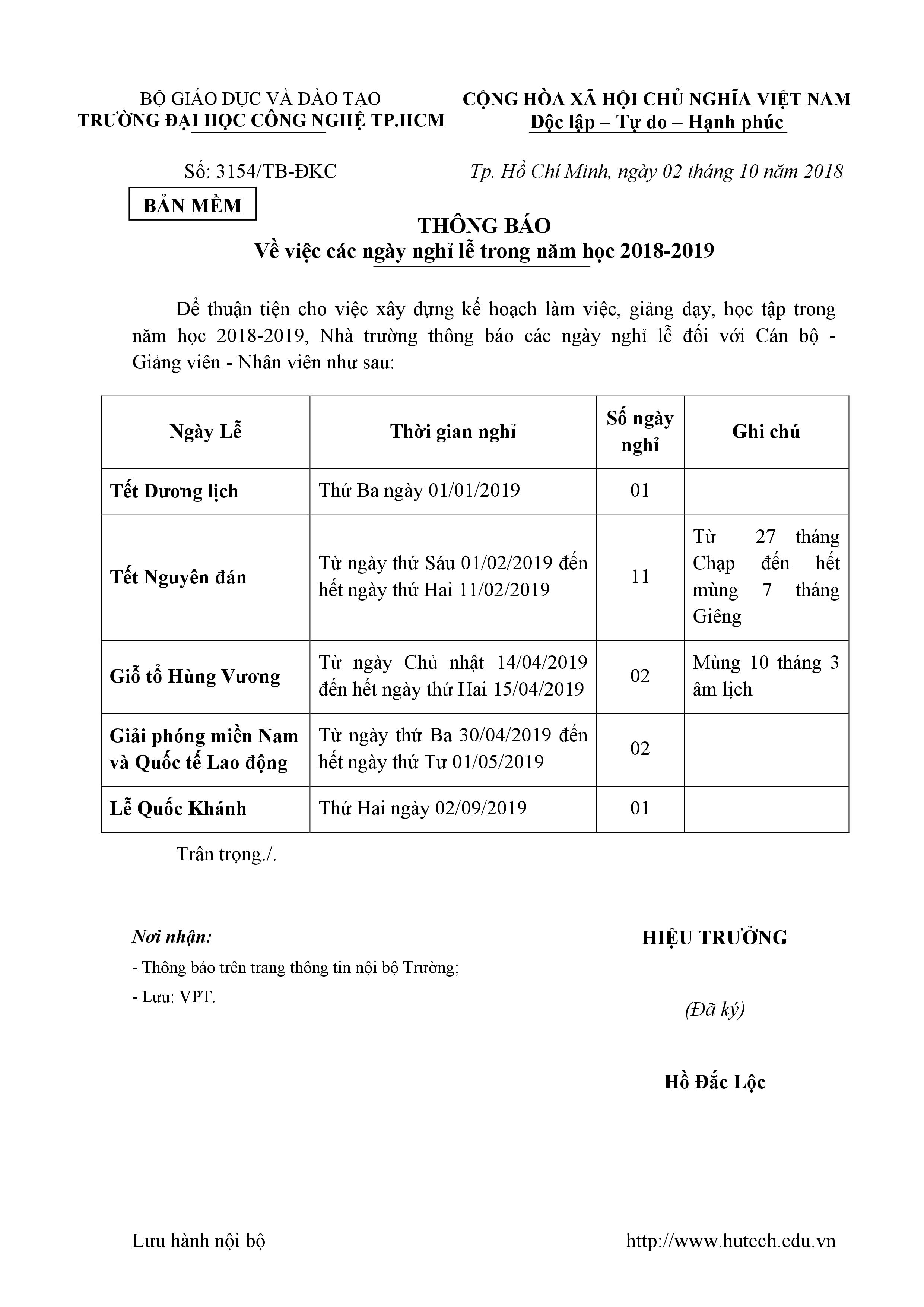 Các ngày nghỉ lễ trong năm học 2018 - 2019 2