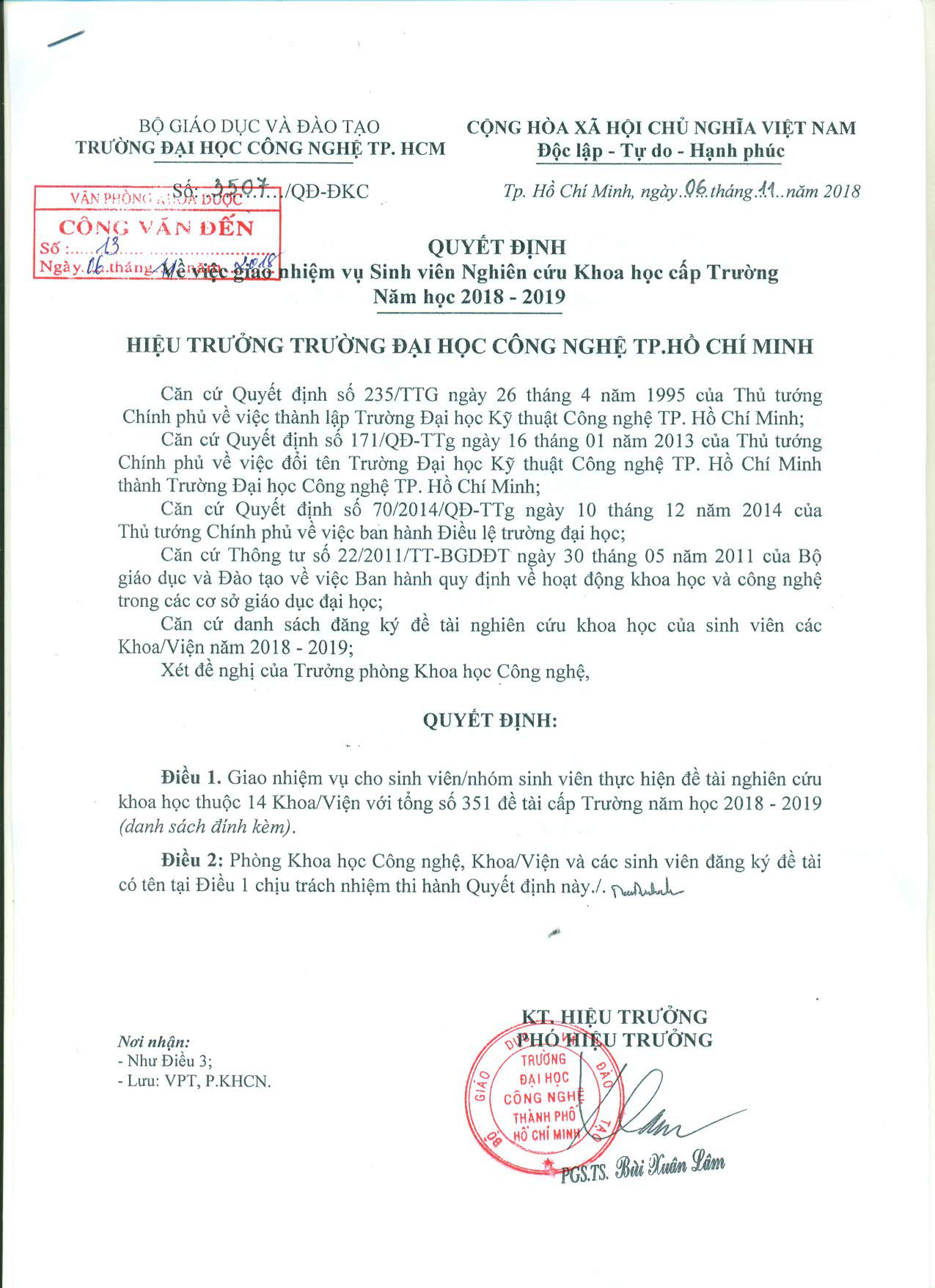 Quyết định về việc giao nhiệm vụ 13Win 21 link không chặn NCKH cấp Trường năm học 2018 - 2019 2