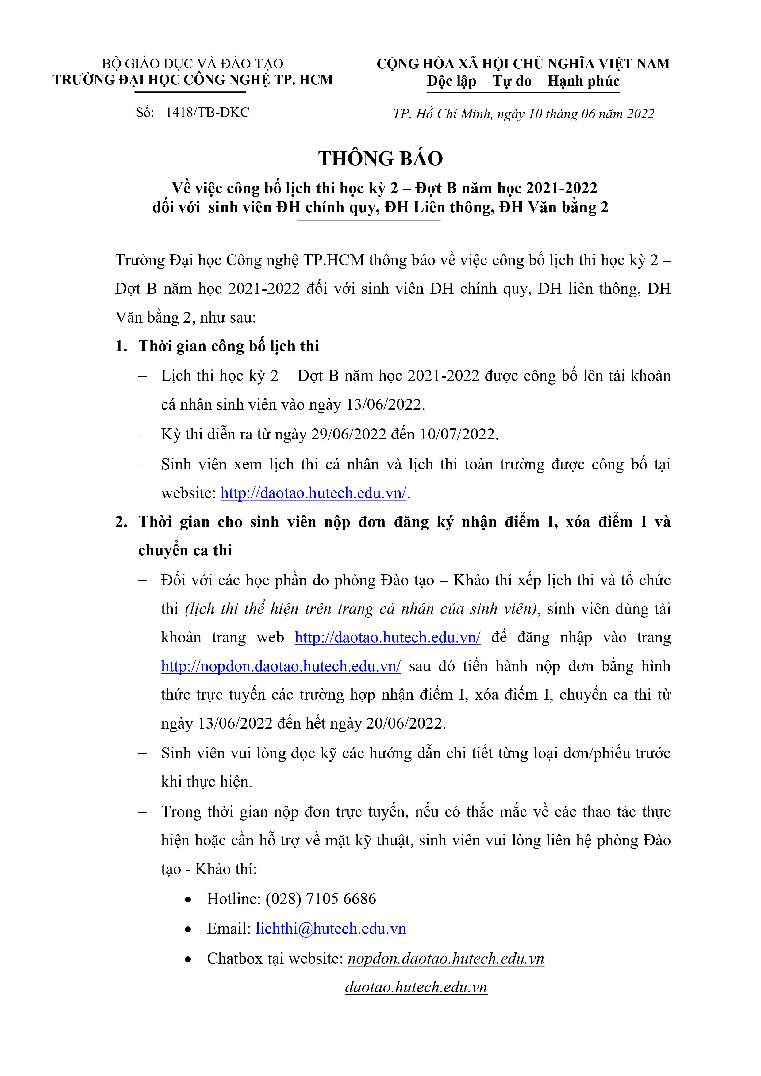 LỊCH THI HỌC KỲ 2B - Năm học 2021 - 2022 2