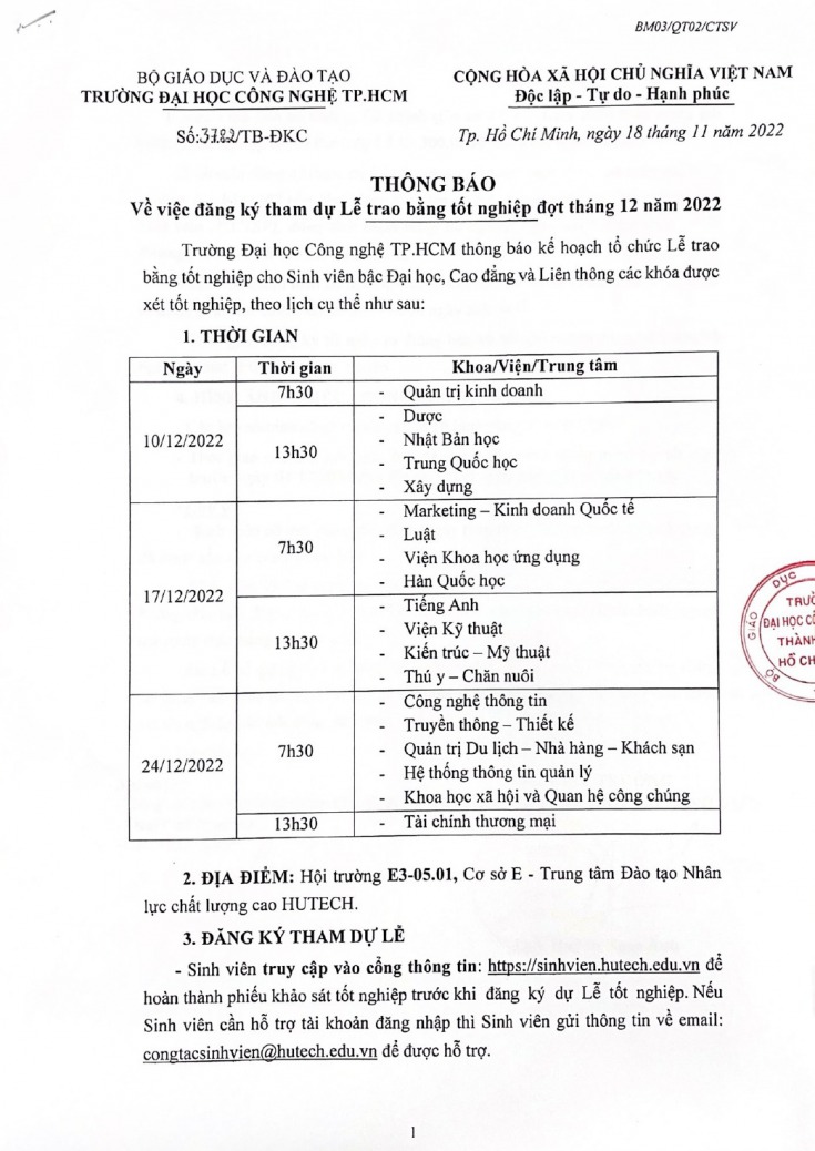 THÔNG BÁO V/v ĐĂNG KÝ THAM DỰ LỄ TRAO BẰNG TỐT NGHIỆP ĐỢT THÁNG 12/2022 2