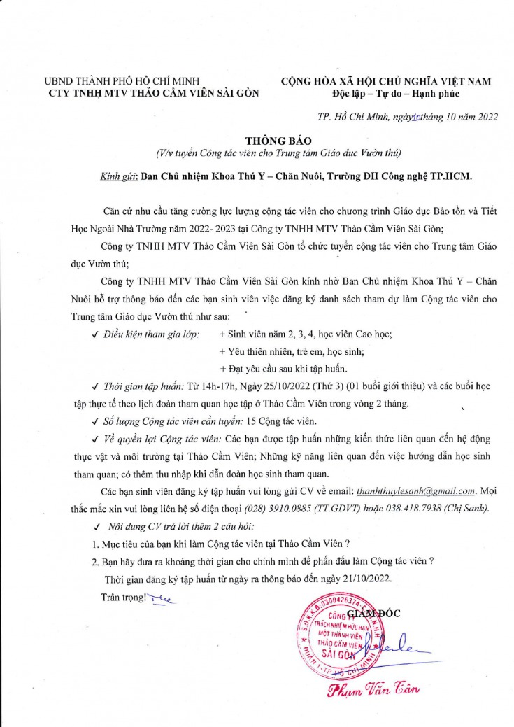 THÔNG BÁO V/v TUYỂN CỘNG TÁC VIÊN CHO TRUNG TÂM GIÁO DỤC VƯỜN THÚ TẠI CÔNG TY TNHH MTV THẢO CẦM VIÊN SÀI GÒN 2