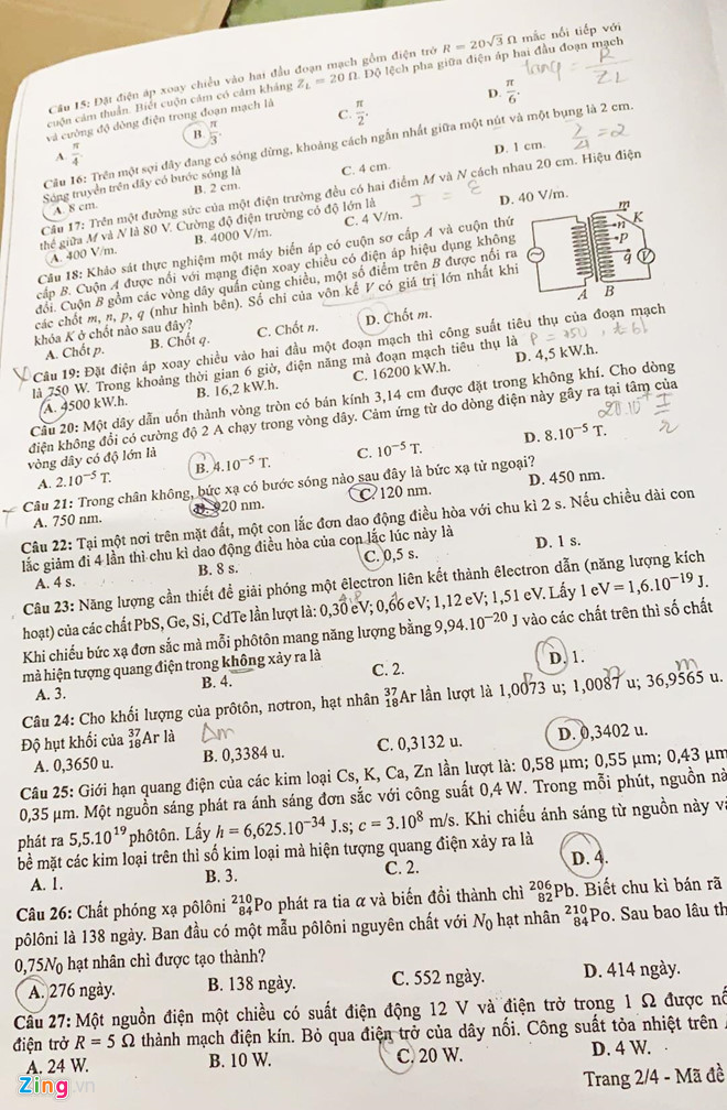 [Mới nhất] - Đề thi THPT QG môn Vật Lý và gợi ý giải đề 39