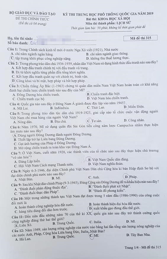[Mới nhất] - Đề thi THPT QG môn Lịch sử và gợi ý giải đề 47