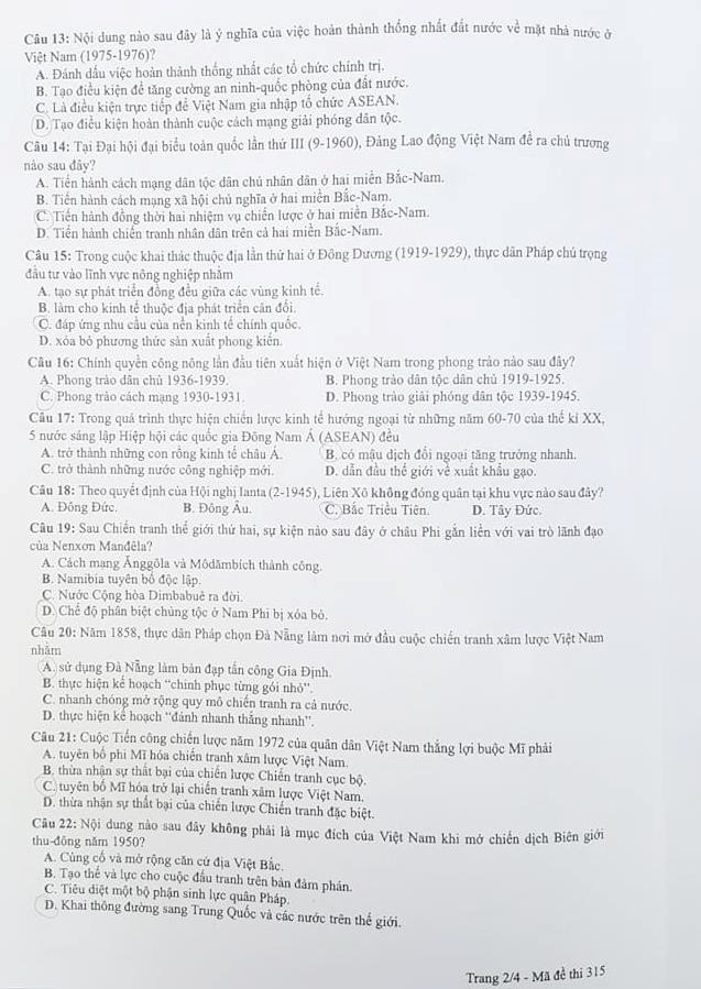[Mới nhất] - Đề thi THPT QG môn Lịch sử và gợi ý giải đề 49