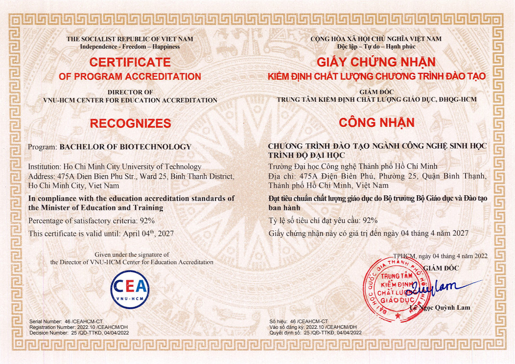 Giấy chứng nhận kiểm định chất lượng CTĐT ngành Công Nghệ Sinh Học 2