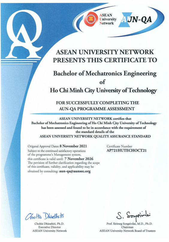 Giấy chứng nhận kiểm định chất lượng CTĐT theo AUN-QA ngành Kỹ Thuật Cơ Điện Tử 2