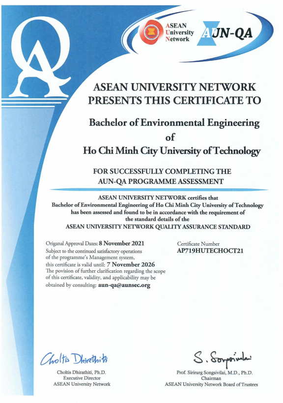 Giấy chứng nhận kiểm định chất lượng CTĐT theo AUN-QA ngành Kỹ Thuật Môi Trường 2