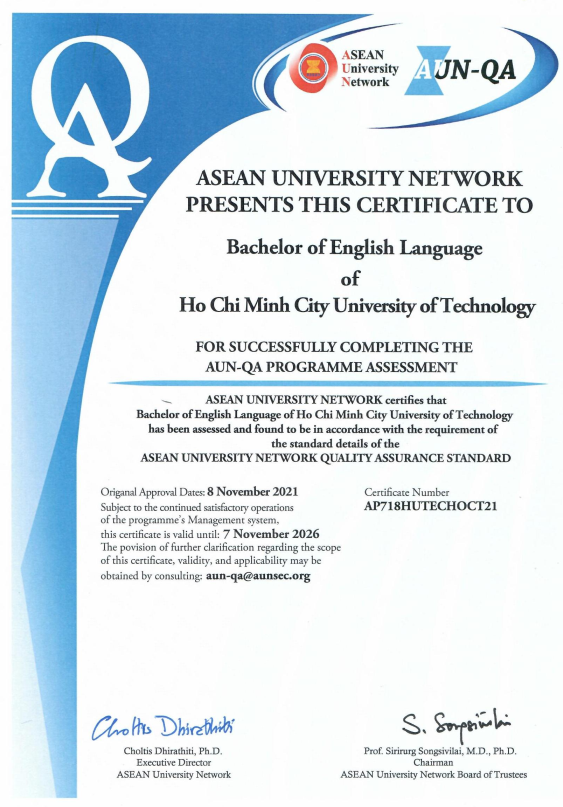 Giấy chứng nhận kiểm định chất lượng CTĐT theo AUN-QA ngành Ngôn Ngữ Anh 2