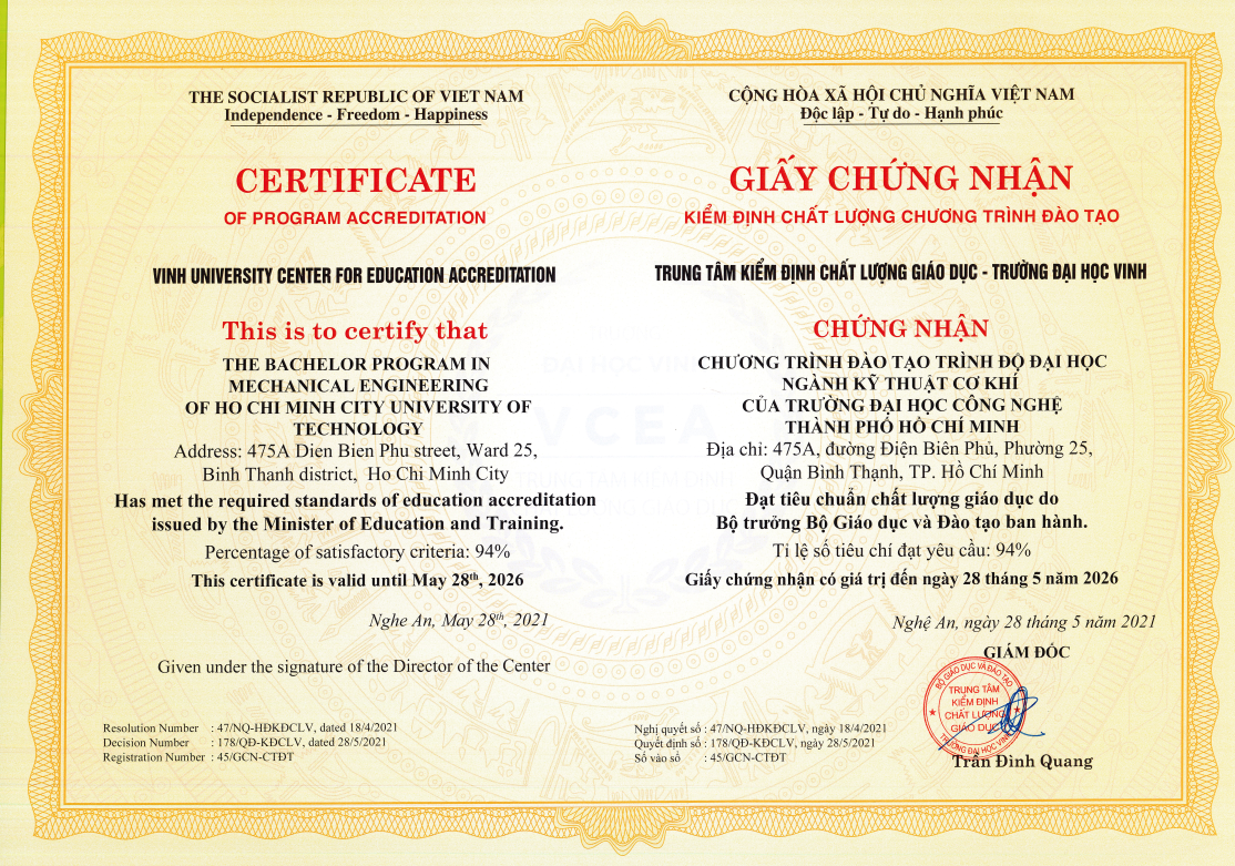 Giấy chứng nhận kiểm định chất lượng CTĐT ngành Kỹ Thuật Cơ khí 2