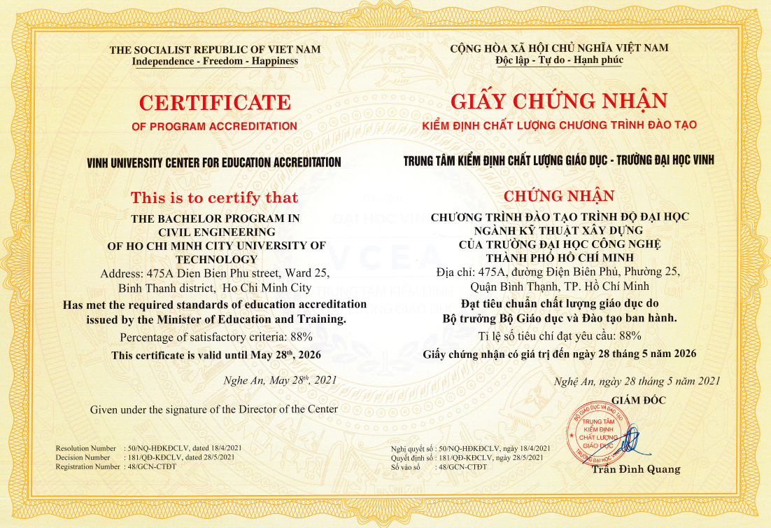 Giấy chứng nhận kiểm định chất lượng CTĐT ngành Kỹ Thuật Xây Dựng 2