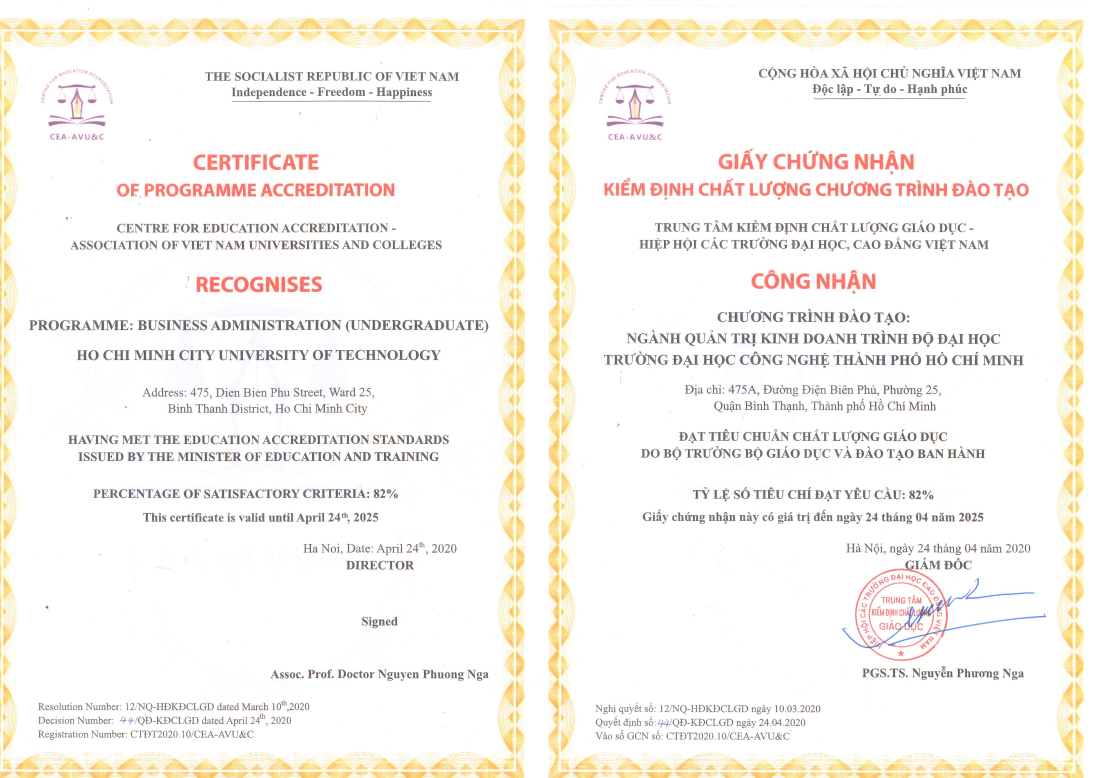 Giấy chứng nhận kiểm định chất lượng CTĐT ngành Quản Trị Kinh Doanh 2
