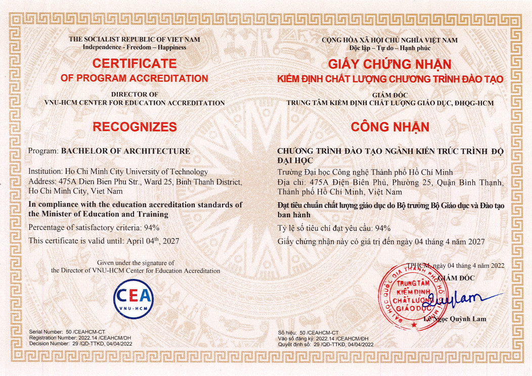 Giấy chứng nhận kiểm định chất lượng CTĐT ngành Kiến Trúc 2