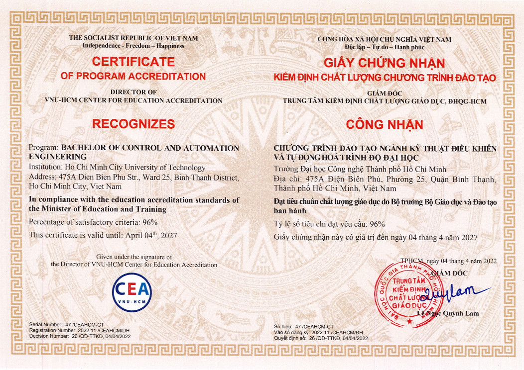 Giấy chứng nhận kiểm định chất lượng CTĐT ngành Kỹ Thuật Điều Khiển và Tự Động Hóa 2