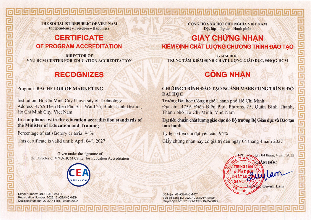 Giấy chứng nhận kiểm định chất lượng CTĐT ngành Marketing 2