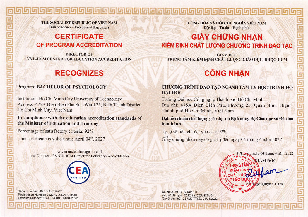 Giấy chứng nhận kiểm định chất lượng CTĐT ngành Tâm Lý Học 2
