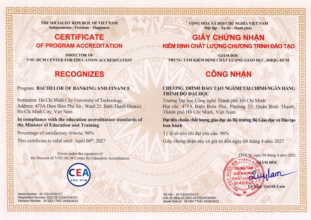 Giấy chứng nhận kiểm định chất lượng CTĐT ngành Tài Chính Ngân Hàng 2