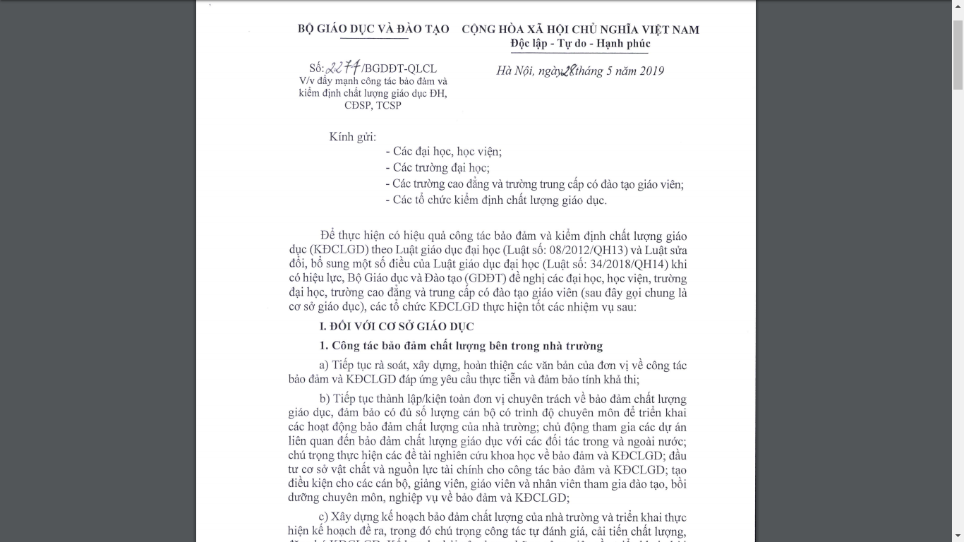 Công văn số 2274/BGDĐT-QLCL ngày 28/5/2019 của Bộ trưởng Bộ GDĐT về việc đẩy mạnh công tác bảo đảm và kiểm định chất lượng F13win nhà cái ĐH, CĐSP, TCSP 2