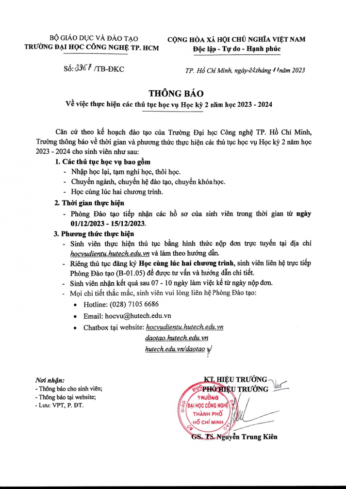 Thông báo về việc thực hiện các thủ tục học vụ Học kỳ 2 năm học 2023 - 2024 2