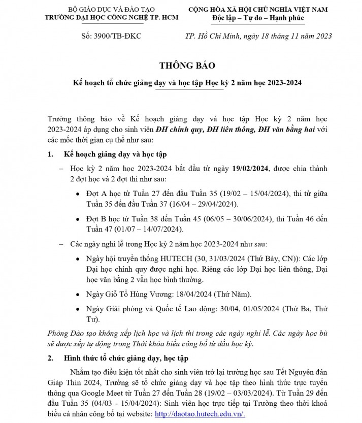 Thông báo kế hoạch tổ chức 13Win nhà cái Truy cập link và 13Win 21 kênh chính thức Học kỳ 2 năm học 2023-2024 2