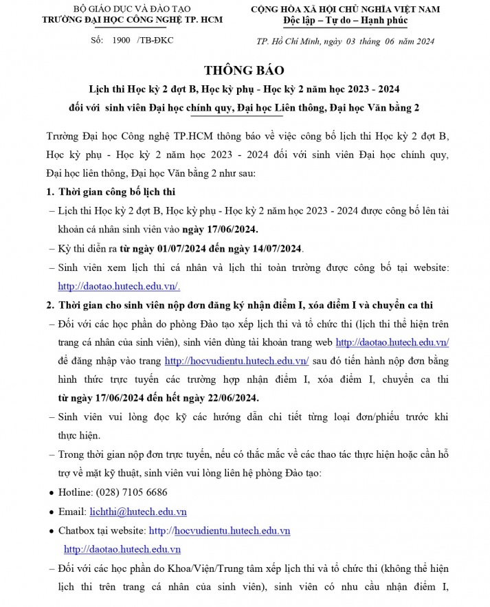 Thông báo lịch thi Học kỳ 2 đợt B, Học kỳ phụ - Học kỳ 2 năm học 2023 - 2024 đối với Tải app 13Win Đại học chính quy, Đại học Liên thông, Đại học Văn bằng 2 4
