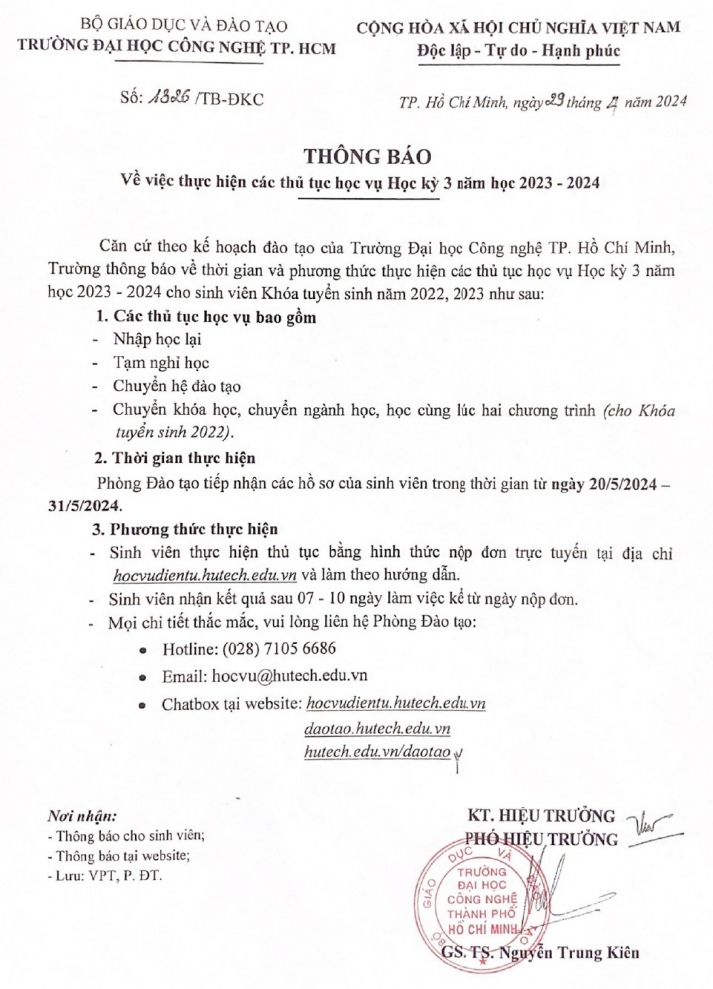 Thông báo về việc thực hiện các thủ tục học vụ Học kỳ 3 năm học 2023-2024 5