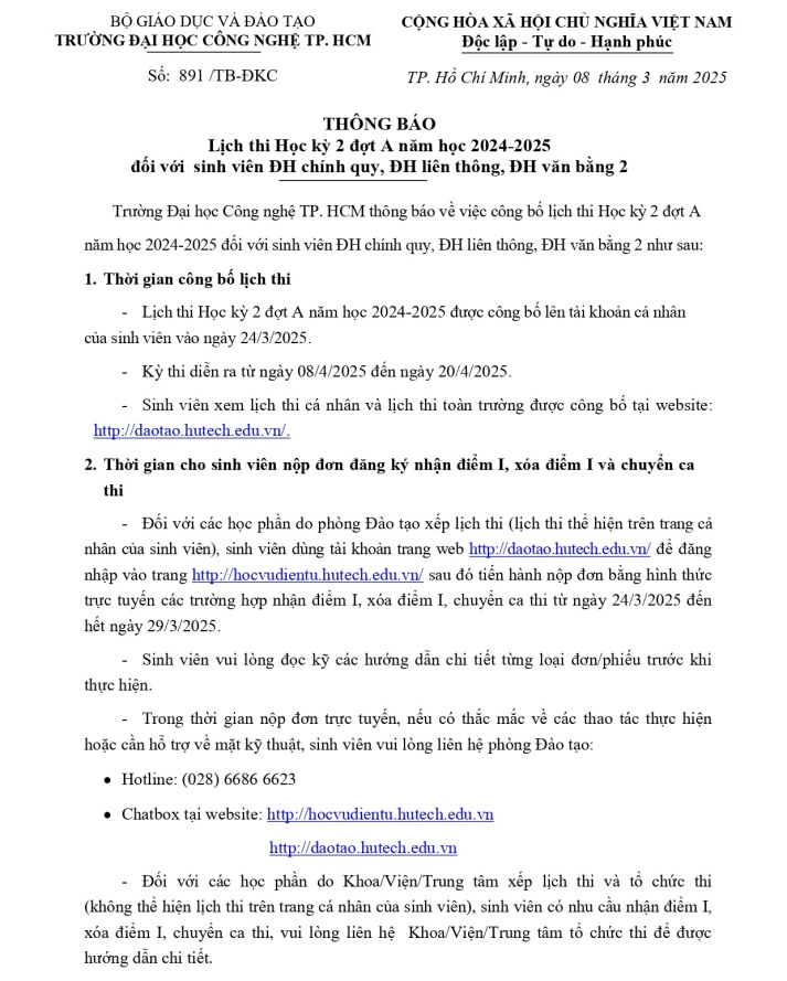 Thông báo lịch thi Học kỳ 2 đợt A năm học 2024-2025  đối với  Tải app 13Win ĐH chính quy, ĐH liên thông, ĐH văn bằng 2 4