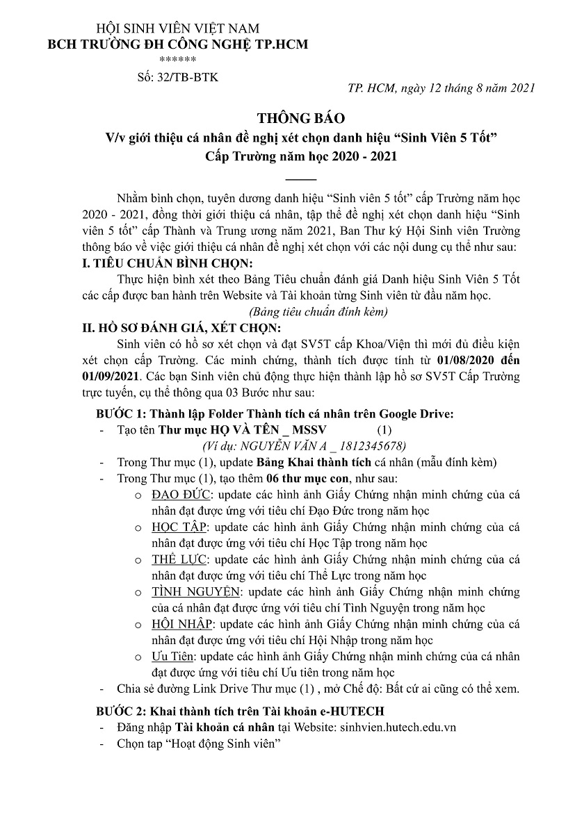 Thông báo Thu nhận Hồ sơ xét chọn SV5T Cấp Trường NH: 2020 - 2021 2