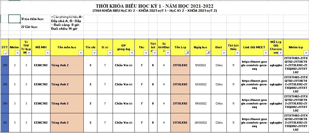 THỜI KHÓA BIỂU HỌC KỲ 2 KHÓA 2021 ĐỢT 1 & HỌC KỲ 2 KHÓA 2021 ĐỢT 2 23