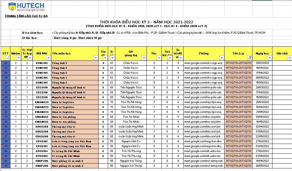 THỜI KHÓA BIỂU HỌC KỲ 5 KHÓA 2019, 2020 ĐỢT 1 VÀ HỌC KỲ 4 KHÓA 2020 ĐỢT 2 24