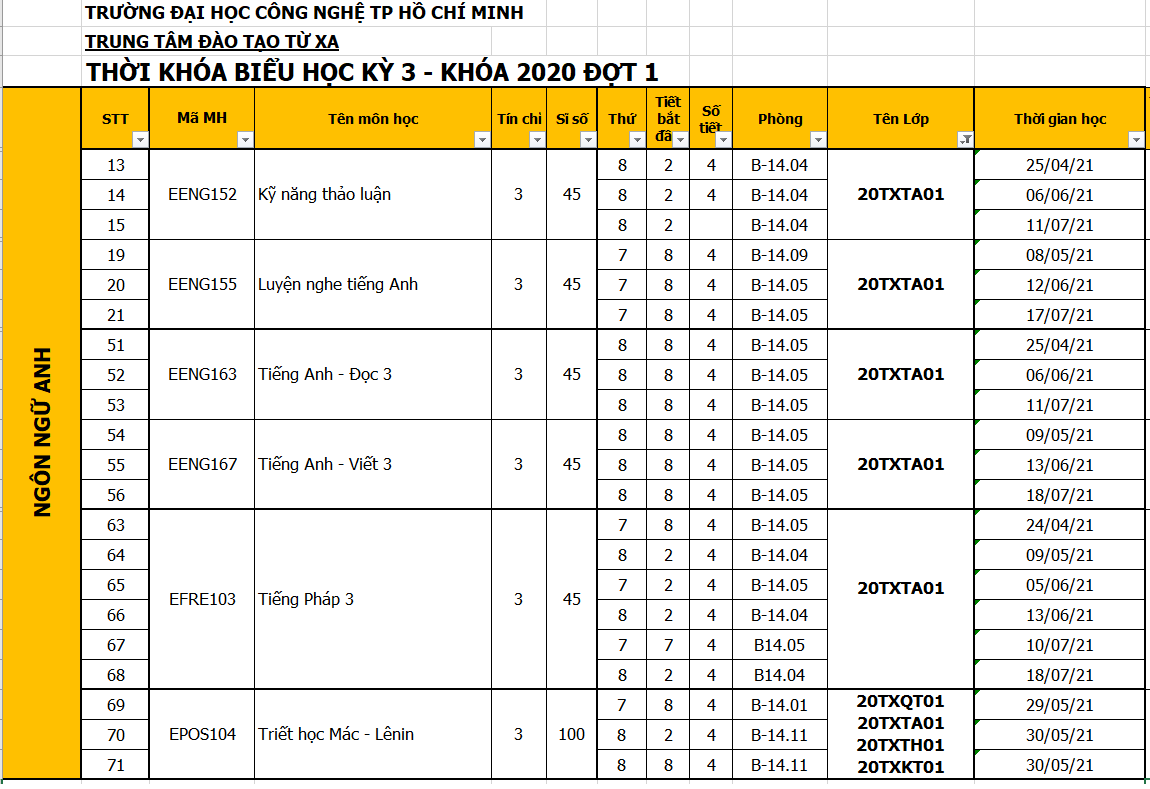 THỜI KHÓA BIỂU HỌC KỲ 3 - KHÓA 2020 ĐỢT 1 (24/04/2021 - 25/07/2021) 18