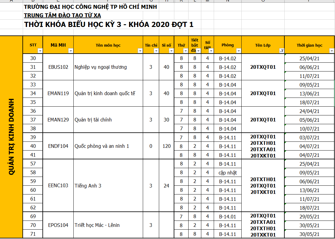 THỜI KHÓA BIỂU HỌC KỲ 3 - KHÓA 2020 ĐỢT 1 (24/04/2021 - 25/07/2021) 19