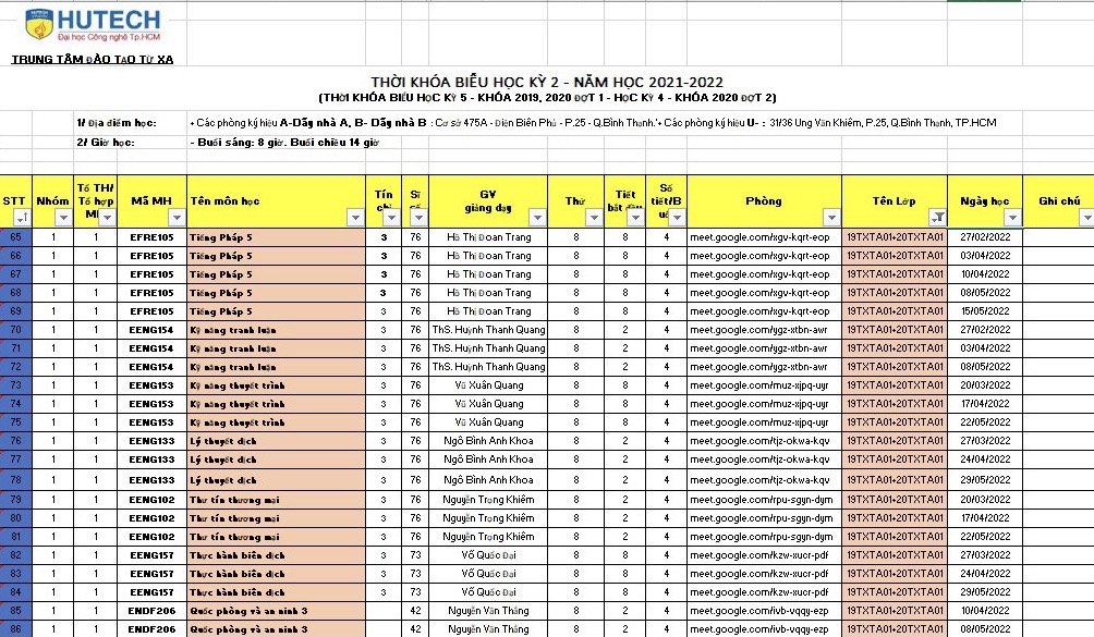 THỜI KHÓA BIỂU HỌC KỲ 5 KHÓA 2019, 2020 ĐỢT 1 VÀ HỌC KỲ 4 KHÓA 2020 ĐỢT 2 27