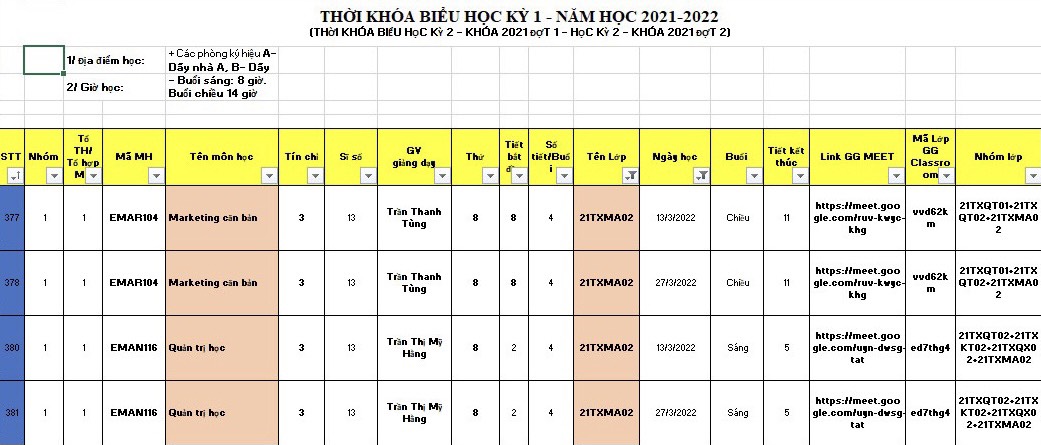 THỜI KHÓA BIỂU HỌC KỲ 2 KHÓA 2021 ĐỢT 1 & HỌC KỲ 2 KHÓA 2021 ĐỢT 2 26