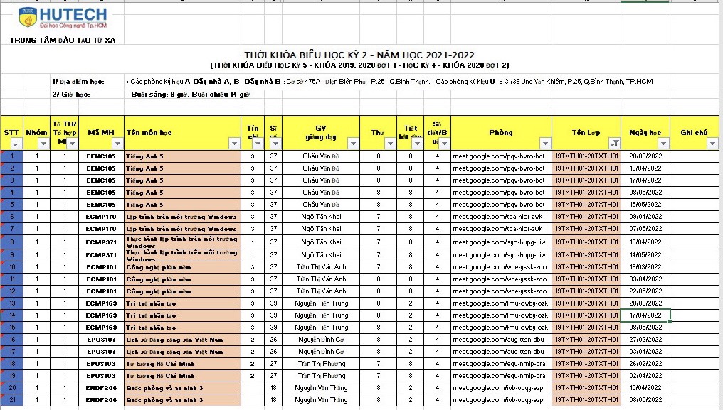 THỜI KHÓA BIỂU HỌC KỲ 5 KHÓA 2019, 2020 ĐỢT 1 VÀ HỌC KỲ 4 KHÓA 2020 ĐỢT 2 30