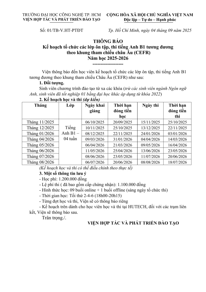 THÔNG BÁO KẾ HOẠCH TỔ CHỨC CÁC LỚP ÔN TẬP, THI 13Win01.com Đăng nhập vào game B1 TƯƠNG ĐƯƠNG THEO KHUNG THAM CHIẾU CHÂU ÂU (CEFR) NĂM HỌC 2025-2026 7