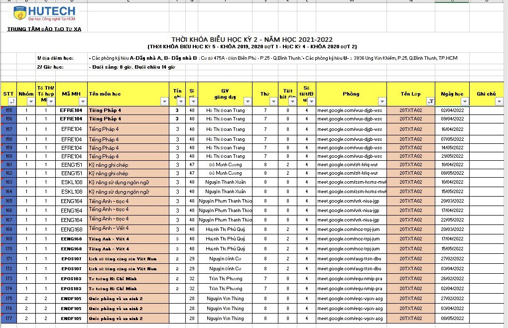 THỜI KHÓA BIỂU HỌC KỲ 5 KHÓA 2019, 2020 ĐỢT 1 VÀ HỌC KỲ 4 KHÓA 2020 ĐỢT 2 42