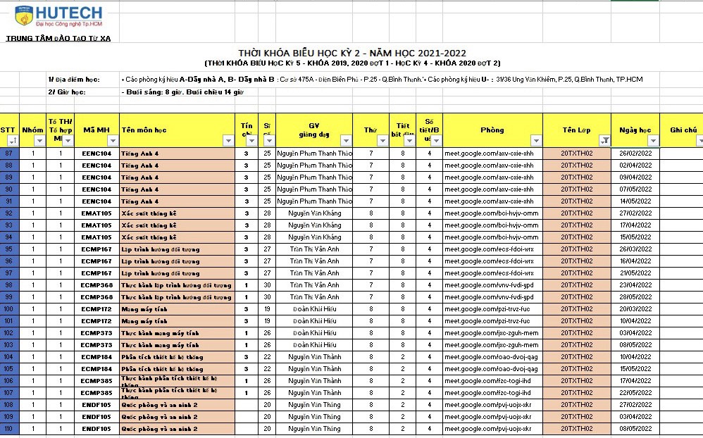 THỜI KHÓA BIỂU HỌC KỲ 5 KHÓA 2019, 2020 ĐỢT 1 VÀ HỌC KỲ 4 KHÓA 2020 ĐỢT 2 45