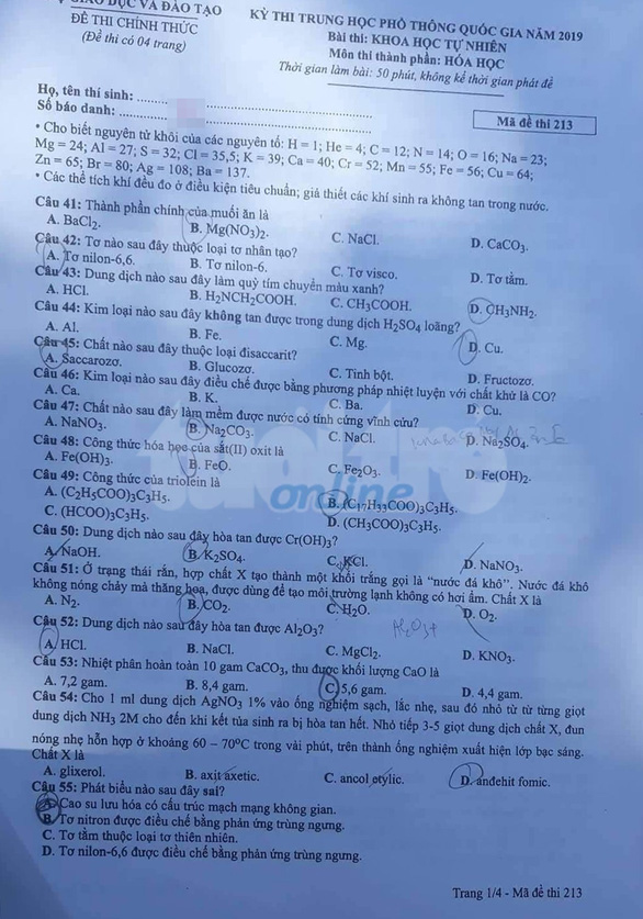 [Mới nhất] - Đề thi THPT QG Hóa học và gợi ý giải đề 54