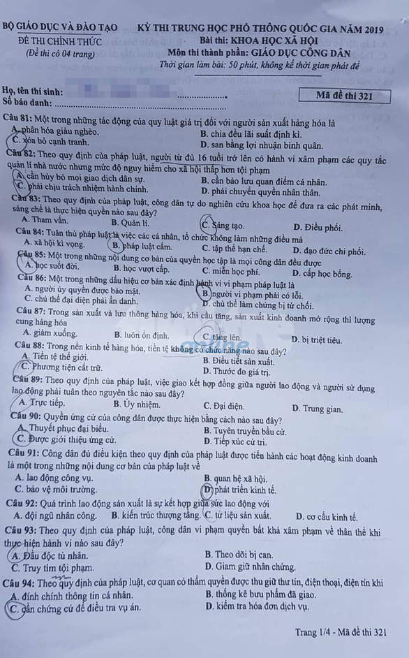 [Mới nhất] - Đề thi THPT QG môn Giáo dục công dân và gợi ý giải đề 44