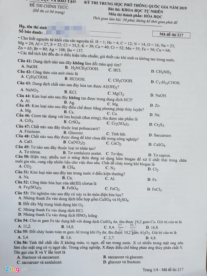 [Mới nhất] - Đề thi THPT QG Hóa học và gợi ý giải đề 71