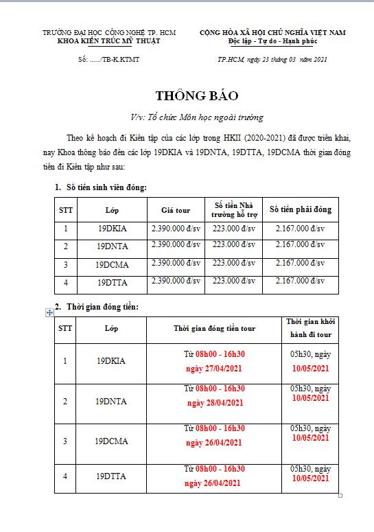 Thông báo về thời gian tổ chức kiến tập Khóa 2019 năm học 2020 - 2021 2