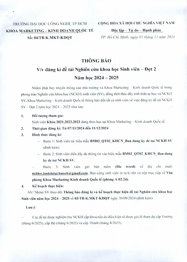 [THÔNG BÁO] V/v Đăng ký đề tài Nghiên cứu Khoa học 13Win 21 link không chặn - Đợt 02 năm học 2024 – 2025 11