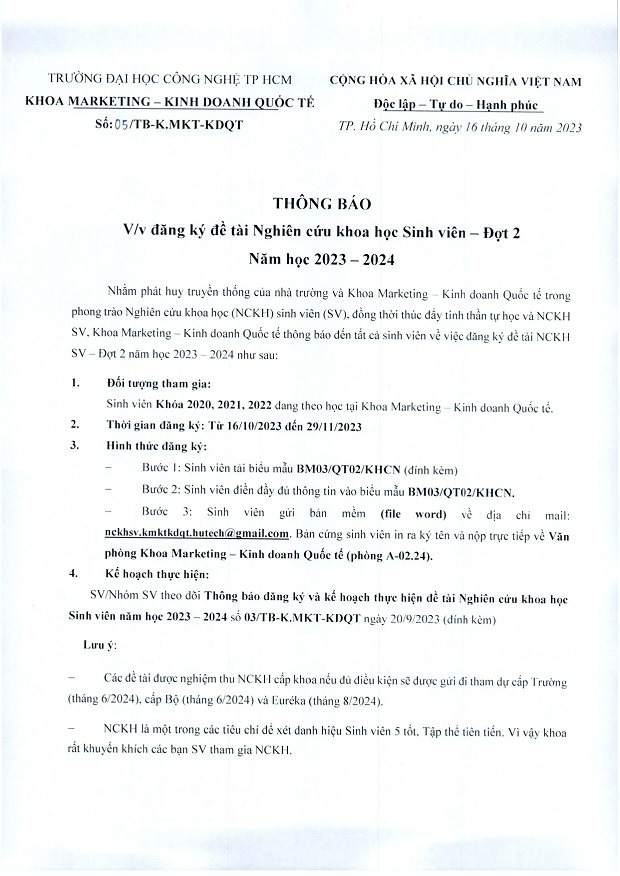 [THÔNG BÁO] V/v Đăng ký đề tài Nghiên cứu Khoa học 13Win 21 link không chặn - Đợt 02 năm học 2023 – 2024 14