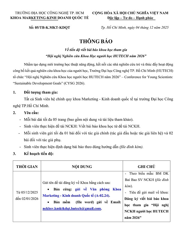 [THÔNG BÁO] V/v Tiến độ viết bài báo khoa học tham gia "Hội nghị Nghiên cứu khoa học người học 13WIN13 năm 2026" 3