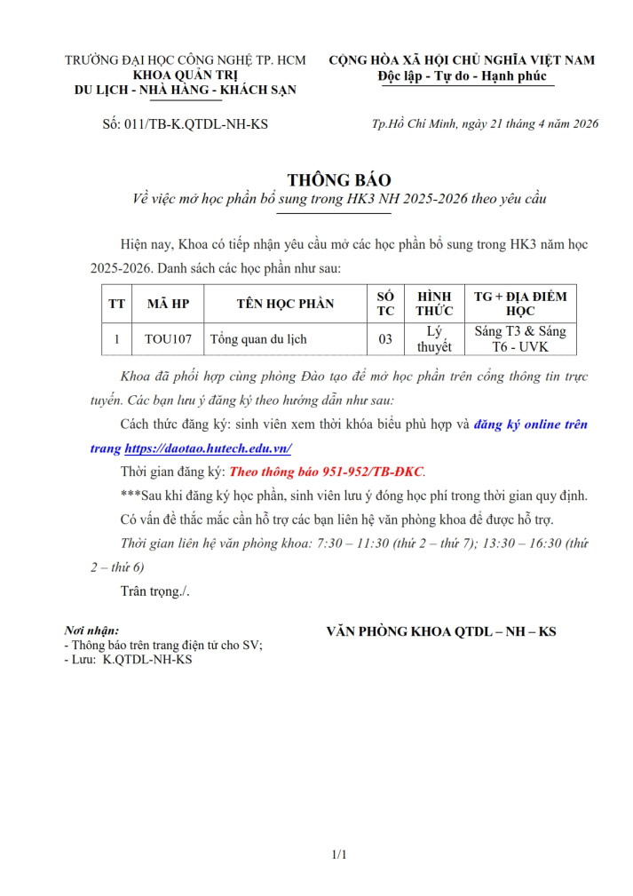 THÔNG BÁO số 011/TB-K.QTDL-NH-KS - Về việc mở bổ sung HP Tổng quan 13 Win 10 casino trực tuyến trong HK3 (2025-2026) 2