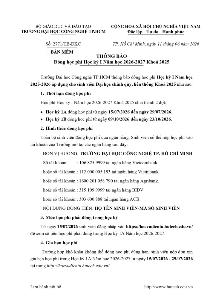 Thông báo đóng học phí Học kỳ I Năm học 2026-2027 Khoá 2025 2