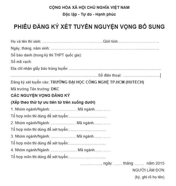 Mẫu phiếu đăng ký xét tuyển nguyện vọng bổ sung năm 2015