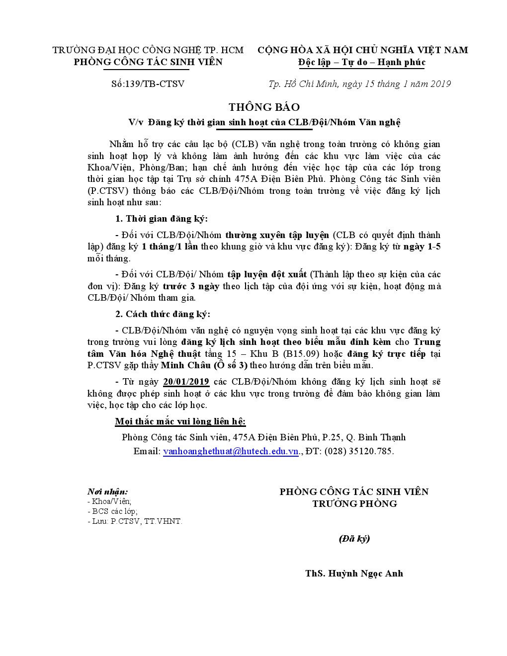 Thông báo 139/TB-CTSV v/v Đăng ký thời gian sinh hoạt CLB/Đội/Nhóm Văn nghệ 2