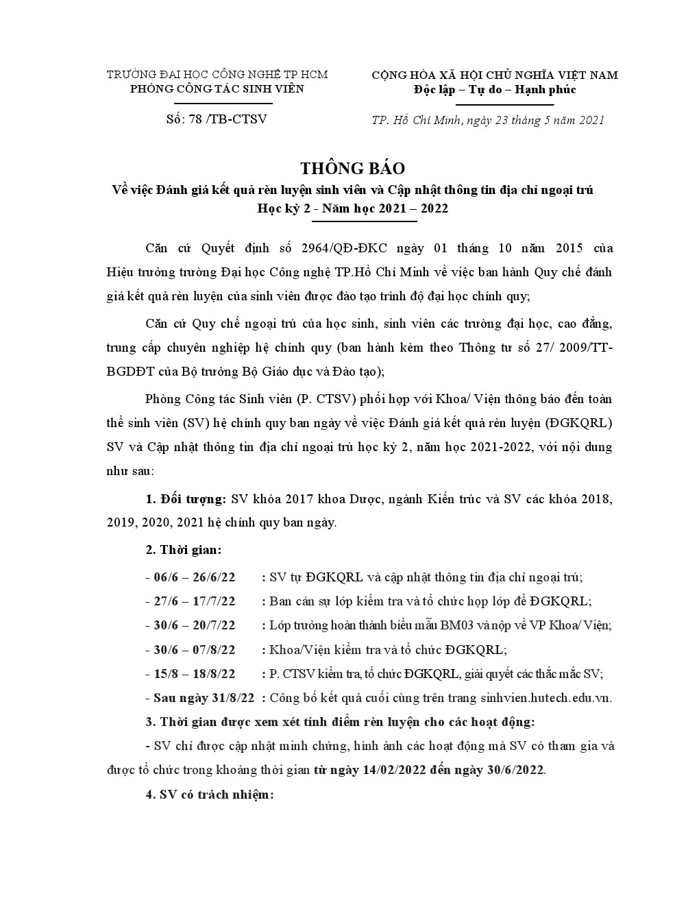 78/TB-CTSV về việc Đánh giá kết quả rèn luyện Tải app 13Win và Cập nhật thông tin ngoại trú học kỳ 2 năm học 2021-2022 2
