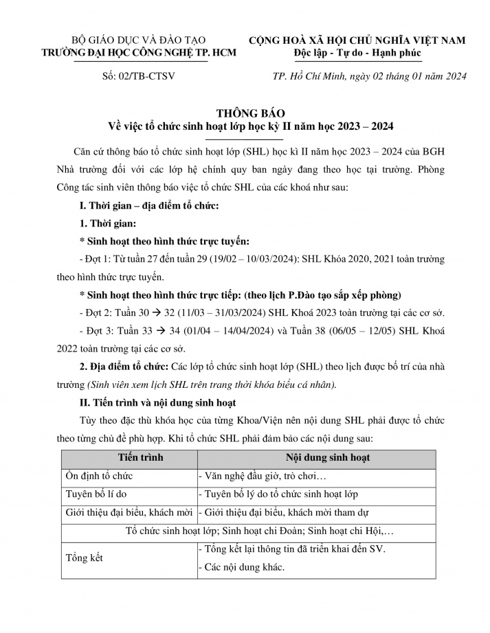 02/TB-CTSV về việc tổ chức Sinh hoạt lớp học kỳ 2 năm học 2023-2024 2
